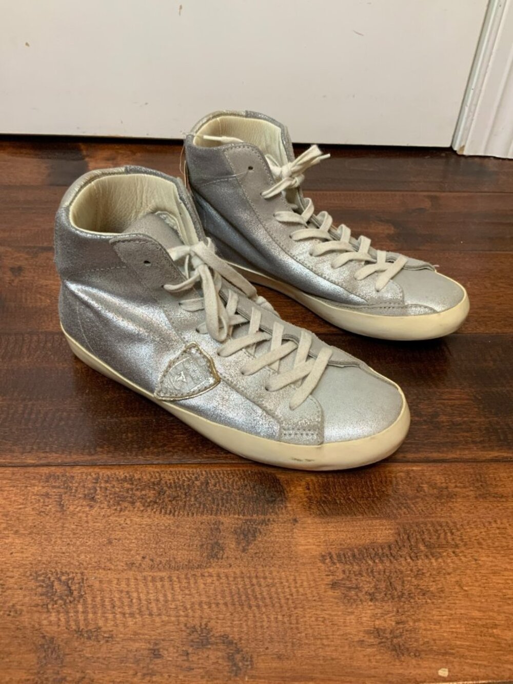 Philippe Model Silver Leather High Top Lace Up Sneakers, Size 6.5 | 37